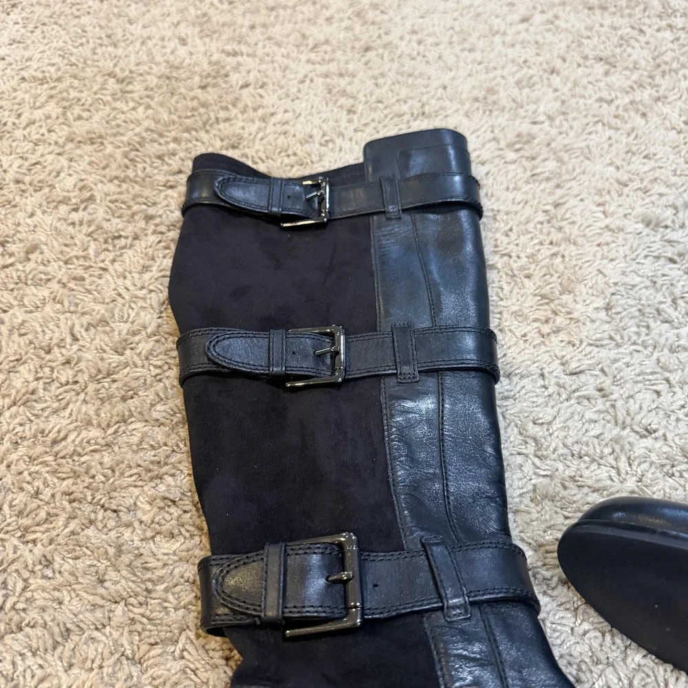 Cole Haan Black Suede Riding Boots Womens Size 7 Tall Buckle Strap Knee High